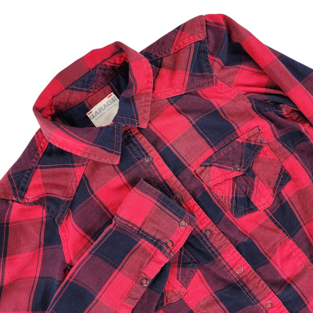 Garage Flannel Shirt Women Small Red Navy Blue Buffalo Plaid Western Snap Button